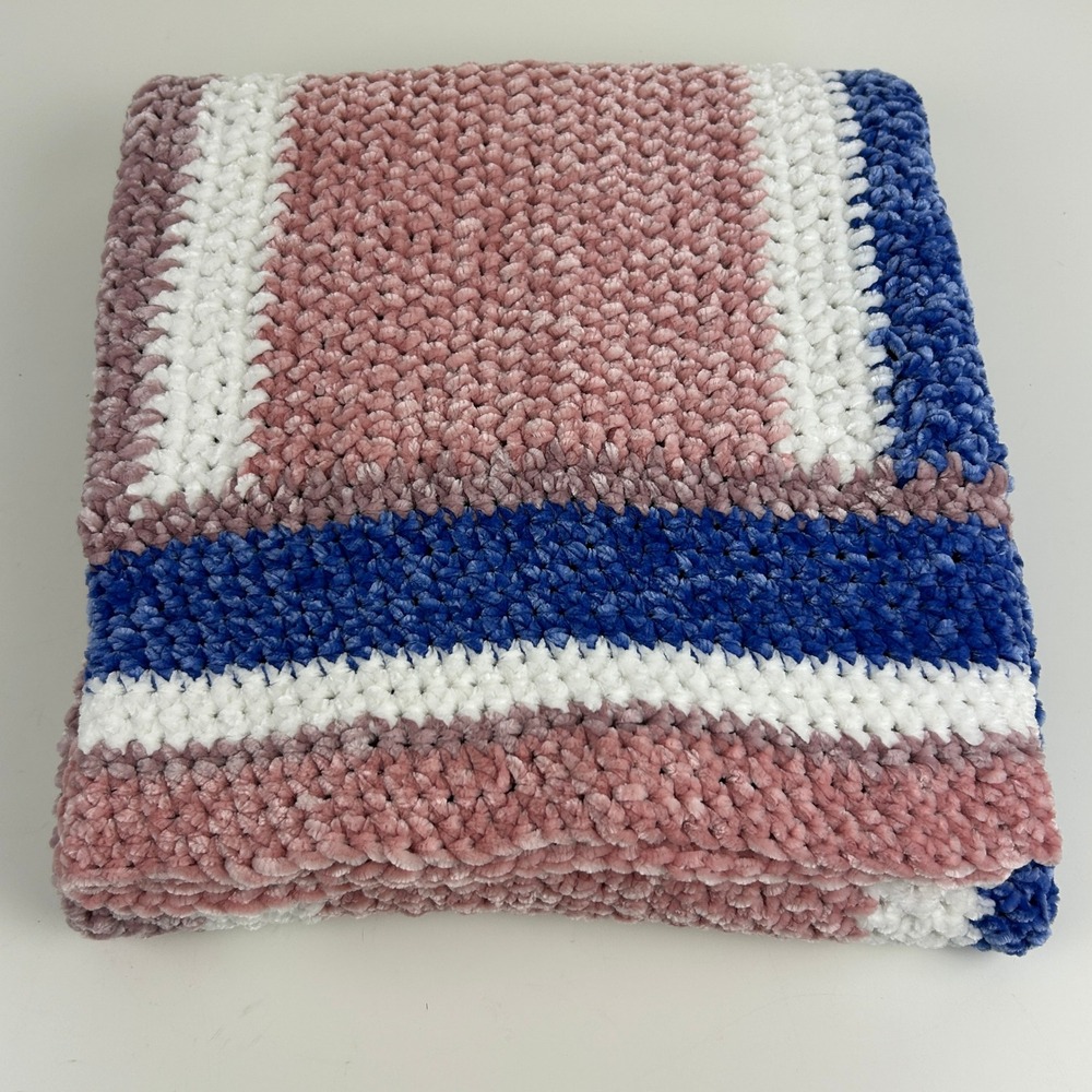Handmade Crochet Baby‎ Blanket Bernat Velvet Plush Pink Blue White 41"
